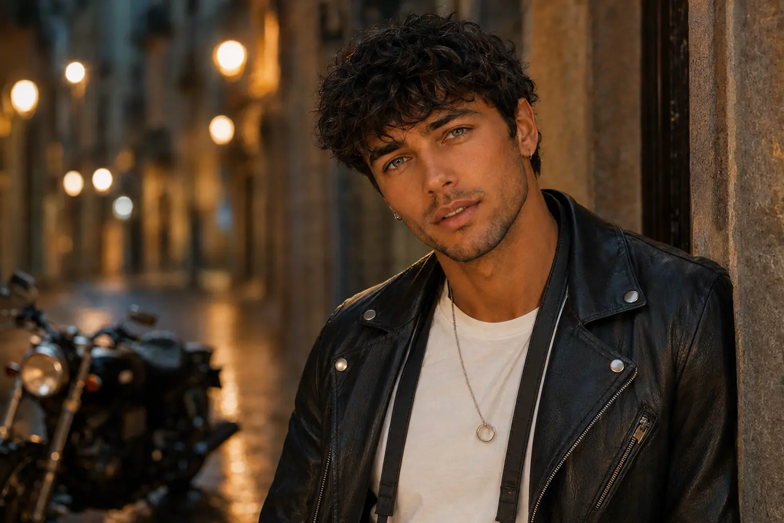 Yuri in a leather jacket on a Barcelona street at night